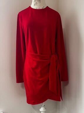 Express Red Long-Sleeve Tie-Waist Dress